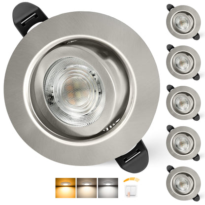 Aulaiyi LED Einbaustrahler 230V dimmbar IP44 schwenkbar Nickel 6er Set, runder Einbauspot aus gebürstetem Metall