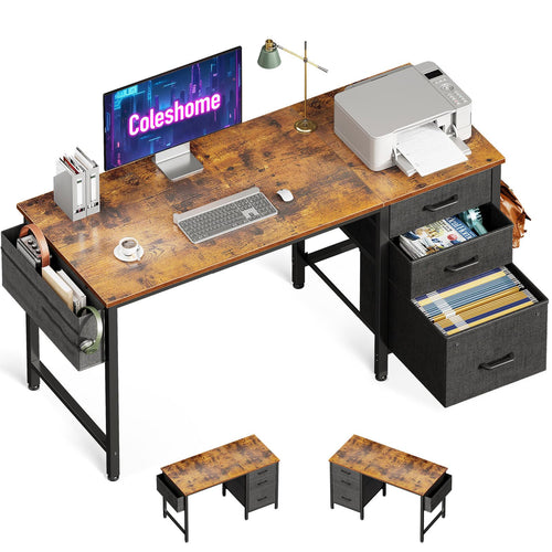 Coleshome Computertisch 120x48cm mit 3 Stoff Schubladen - Braun. Rechteckiger, brauner Tisch mit drei Stoffschubladen zum Arbeiten und Lernen.