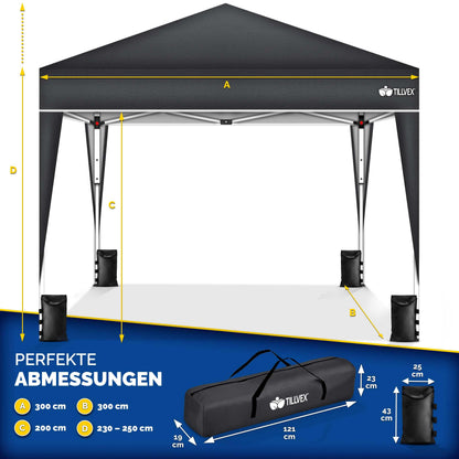 tillvex Pavillon 3x3 m wasserdicht mit 4 Sandsäcken, Anthrazit
