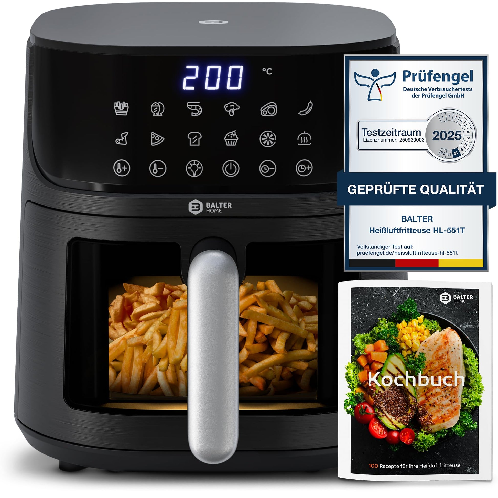 Balter Heissluftfritteuse 5,5 L Airfryer XXL mit Sichtfenster für fettarmes Frittieren