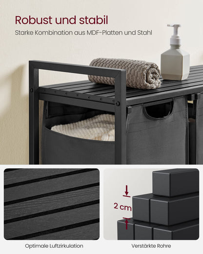 VASAGLE BLH301G01 Wäschekorb 3 Fächer mit Ablage - Grau 3x40L