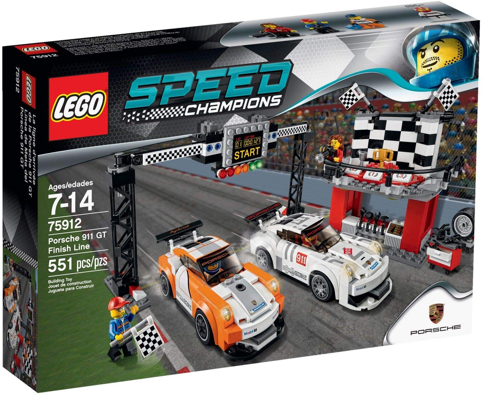 LEGO Speed Champions Porsche 911 GT Ziellinie Bausatz - 75912. Weißer LEGO Porsche 911 GT mit Ziellinien-Set. Zum Bauen eines Rennszenarios und Spielen.