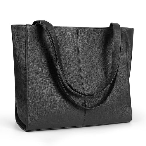 befen Echtleder Shopper Damen Handtasche mit Laptopfach, Schwarz – genarbtes Rindsleder mit breiten Henkeln