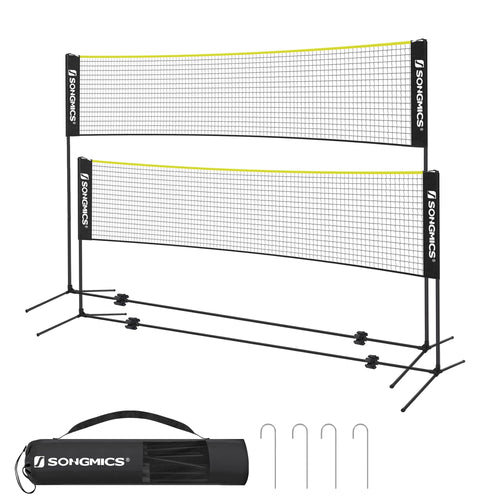 SONGMICS Badmintonnetz SYQ500B02, 5 m, höhenverstellbar, schwarz-gelb – Netz mit Stangen