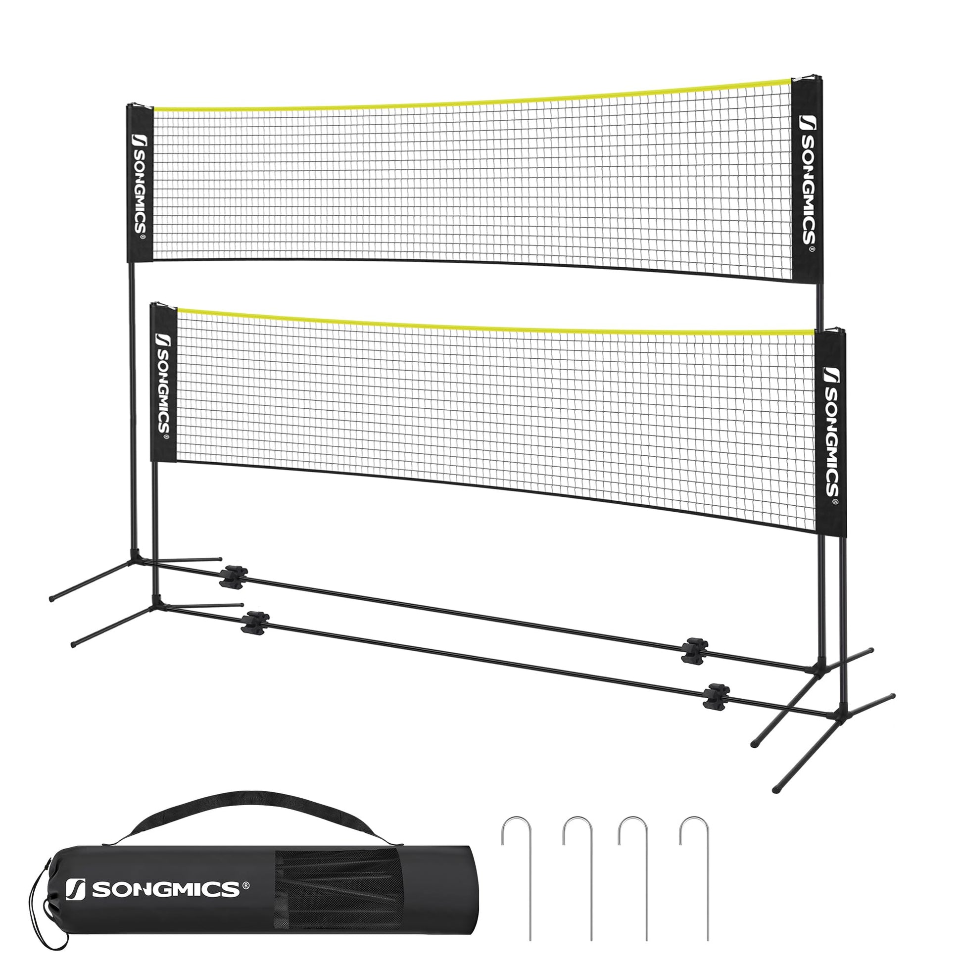 SONGMICS Badmintonnetz 4 m, höhenverstellbar, tragbar, Schwarz-Gelb, mit Stangen und Tragetasche