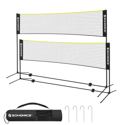 SONGMICS Badmintonnetz 4 m, höhenverstellbar, tragbar, Schwarz-Gelb, mit Stangen und Tragetasche