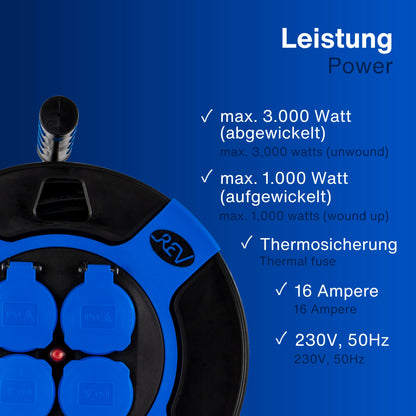 REV Kabeltrommel 50m Outdoor, IP44, 4 Schutzkontaktsteckdosen, blau