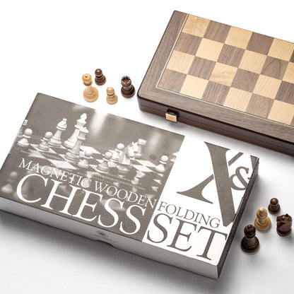 A&A Schachspiel aus Holz, magnetisch, klappbar, 38 cm Reiseset