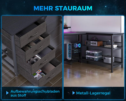 ODK Gaming Eckschreibtisch – reversibel, LED, USB, schwarz