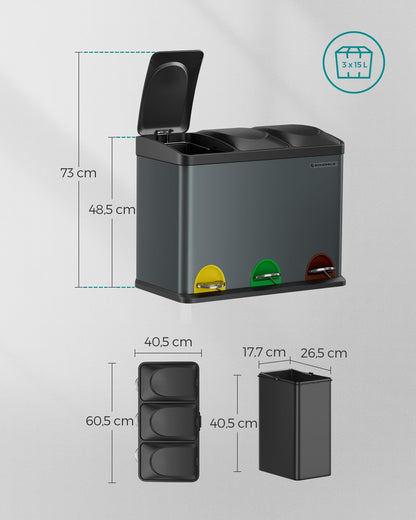 SONGMICS LTB45G Mülltrennsystem Treteimer - 45L Grüngrau-Schwarz