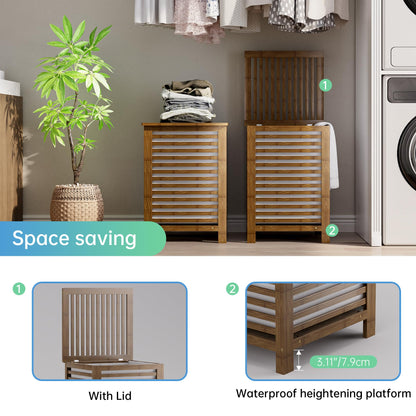 SMIBUY Grosser Wäschekorb Bambus mit Deckel - Nussbaum