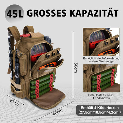 Goture Angelrucksack 45L – 4 Köderboxen, Rutenhalter, wasserabweisend