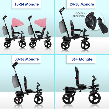 KIDIZ 6in1 Kinderdreirad mit Schubstange – Rosa, Klappbar