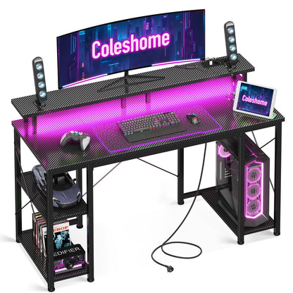 Coleshome Gaming Schreibtisch LED 120x50cm – Schwarz, Steckdosen, Monitorständer. Schwarzer Rechtecktisch mit LED, Steckdosen & Monitorständer für Gamer.