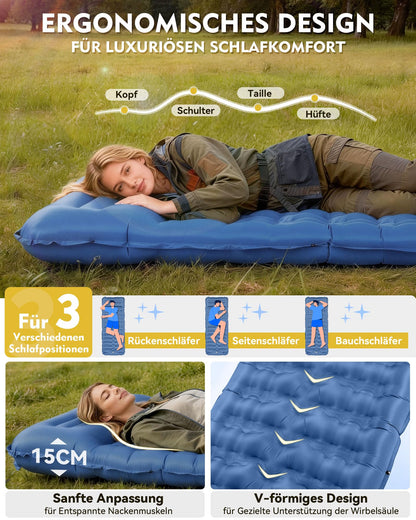 HIKENTURE Isomatte ultraleicht 12 cm mit Kissen und Fusspumpe, blau