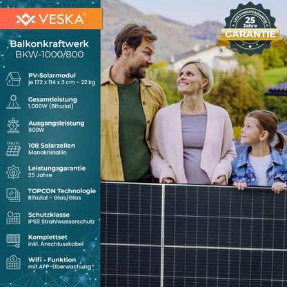 Balkonkraftwerk Bifazial Glas/Glas Steckerfertig Mini-PV - 1000W/800W