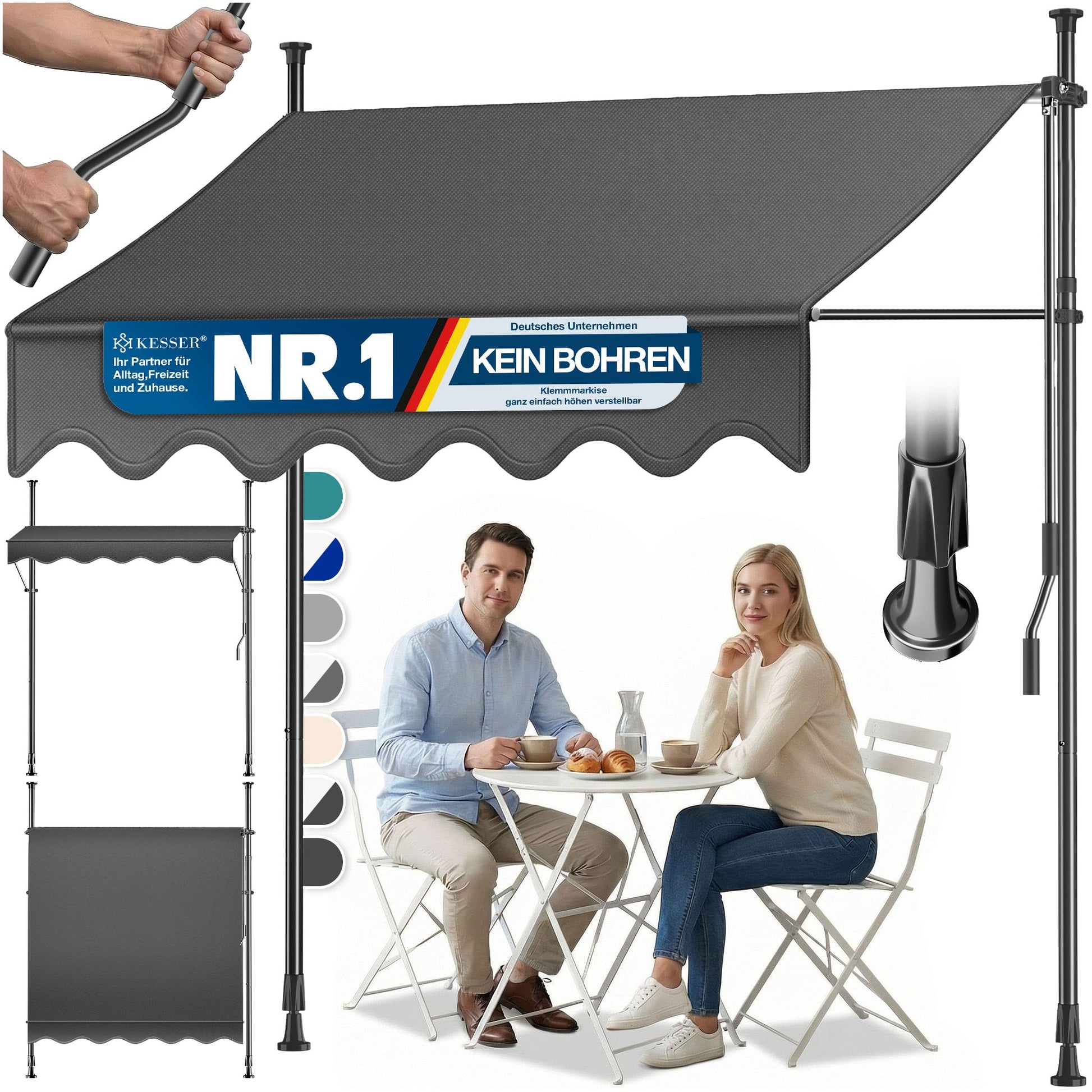 KESSER Klemmmarkise mit Handkurbel, Balkonmarkise ohne Bohren, 350 cm als Sonnen- und Sichtschutz