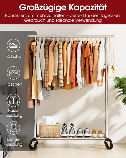 Sakugi Kleiderständer auf Rollen, Edelstahl, mit Mesh-Regal, silbern