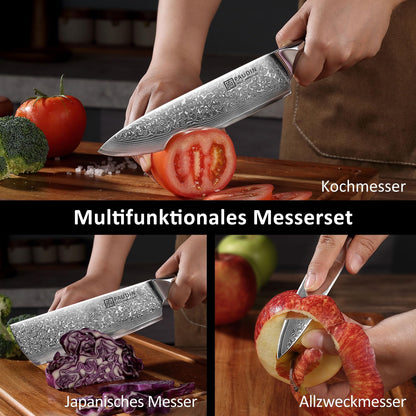 PAUDIN Damastmesser Set Küchenmesser – 3-teilig VG10 Damaststahl
