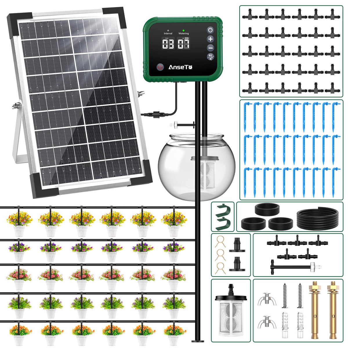 AnseTo Solar-Bewässerungssystem 8W mit 30 Tropfern, automatisch, Solarpanel und Bewässerungscomputer