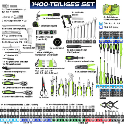 MASKO® Werkzeugkoffer Werkzeugset Gefüllt - 1400-teilig mit Rollen