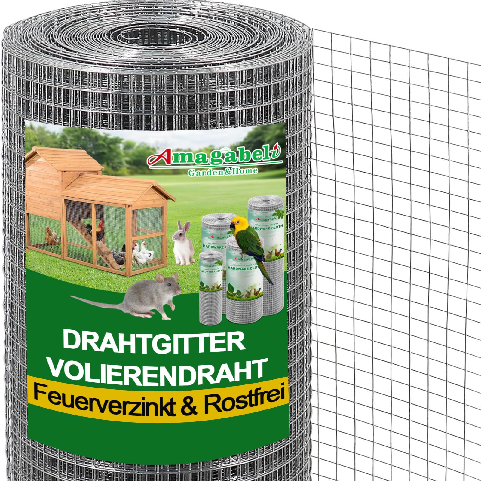 Amagabeli Drahtgitter Volierendraht 1m x 20m, 12x12mm, Feuerverzinkt. Silbernes, feuerverzinktes Drahtgitter für Tiergehege.
