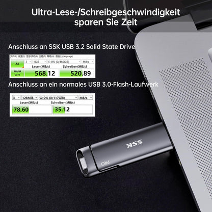 SSK Externe SSD 256GB, Dual USB-C + USB-A 3.2 Gen2, SD301