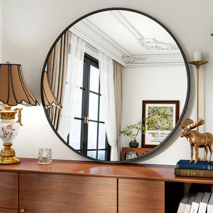 Koonmi 91cm runder Badspiegel Metallrahmen schwarz, zur Wandmontage im Bad.