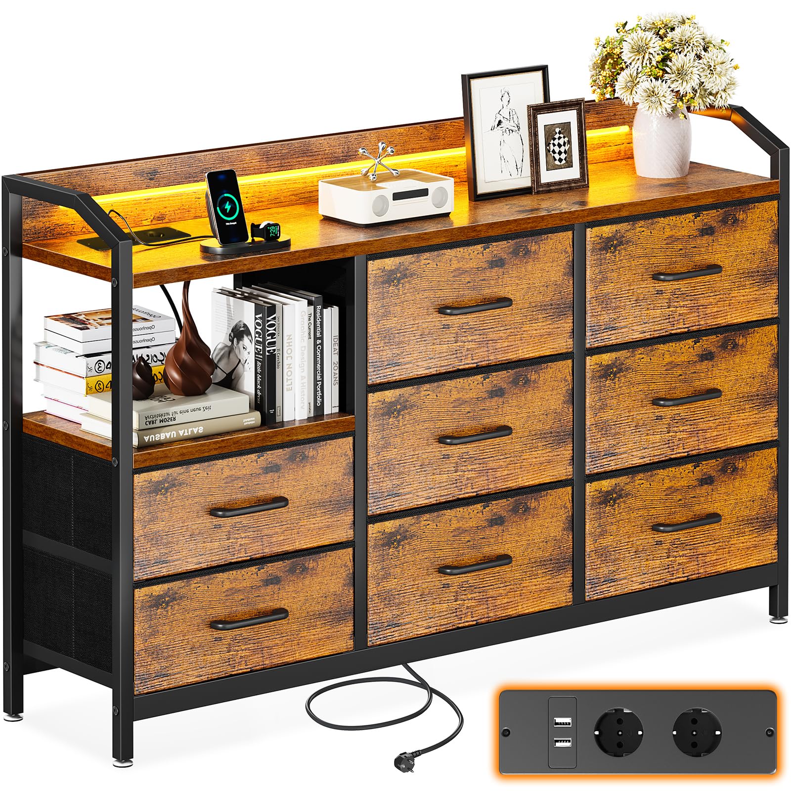 ODK Kommode mit LED, 8 Stoffschubladen, USB & Steckdosen, Vintage – Schubladenschrank mit Holzplatte und Stahlrahmen