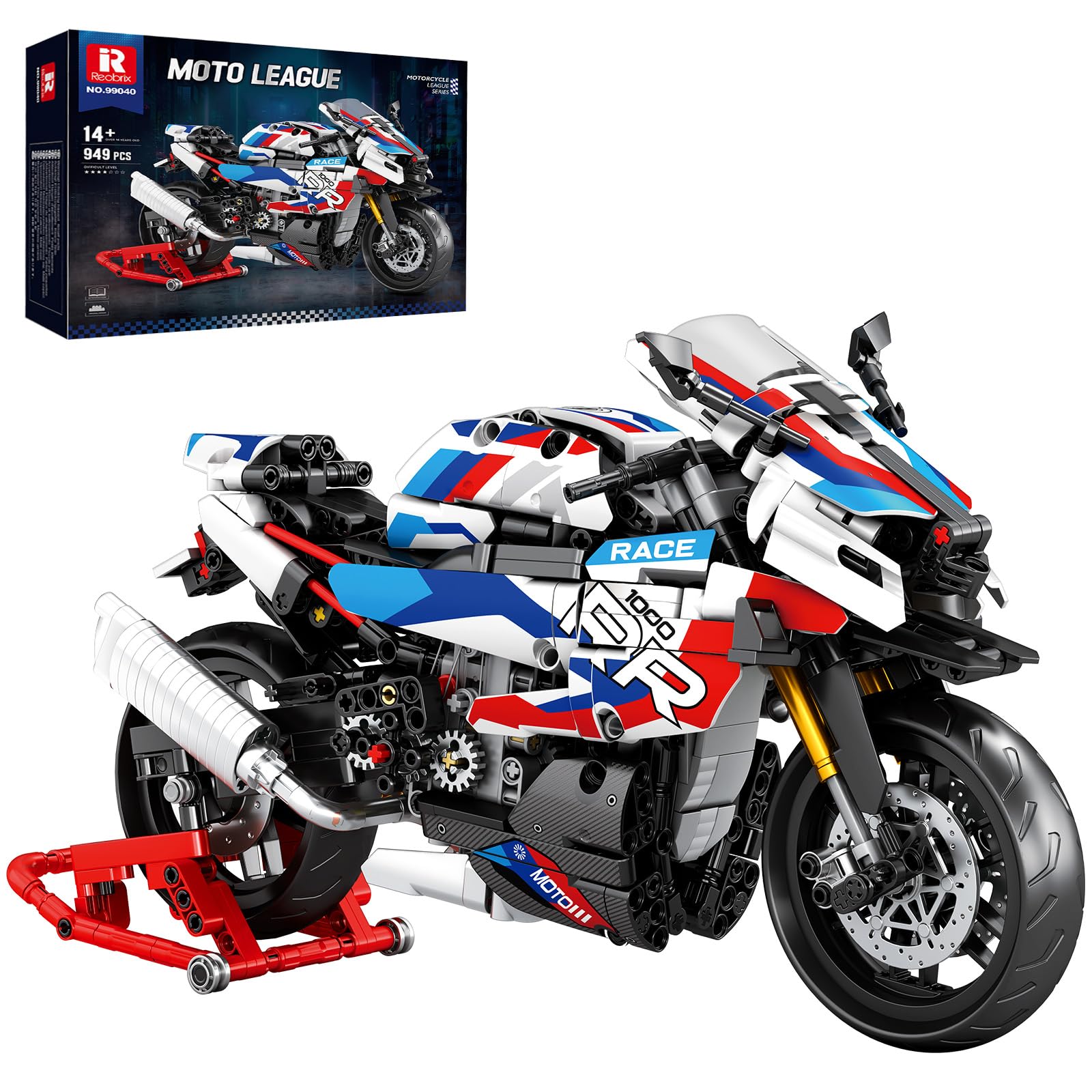 Reobrix 99040 Motorrad 1000 RR Klemmbausteine-Set, 949 Teile, rot-weiss-blau, mit Display-Sockel