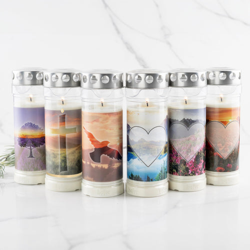 Hofer Friedlicht Grabkerzen Sehnsucht Select, 6er Set, 7 Tage – Trauerkerzen mit Deckel und Motiv