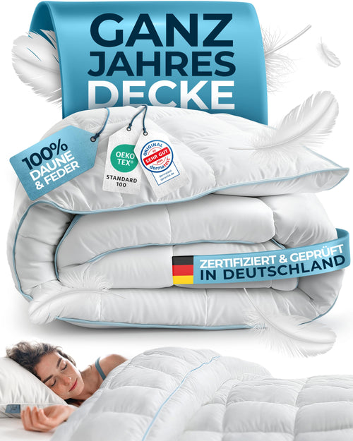 Glückstoff® Feder- & Daunendecke 155x220cm Ganzjahres-Duvet. Rechteckig, weiß. Bietet ganzjährig wärmeisolierenden Schlafkomfort.
