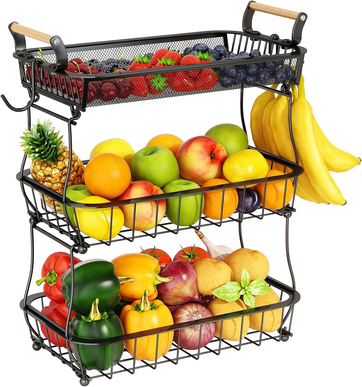 Miyawell Obstkorb 3 Ebenen mit Bananenhalter, Metall, schwarz