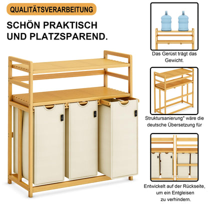 AdelDream Wäschesortierer 150 l mit 3 Fächern, Bambusrahmen, Beige
