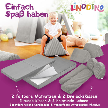 Linodino® Spielsofa Cord Fantasiewelt Kindersofa Bausteine - Elefanten Grau