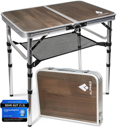ALPINEZ Campingtisch klappbar, höhenverstellbar, 60 x 40 cm, Aluminium mit MDF-Tischplatte und Netzablage