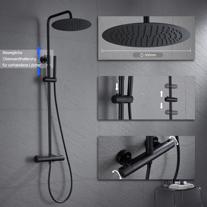 JOHO Thermostat Duschset – Regenduschkopf D30cm Matt Schwarz