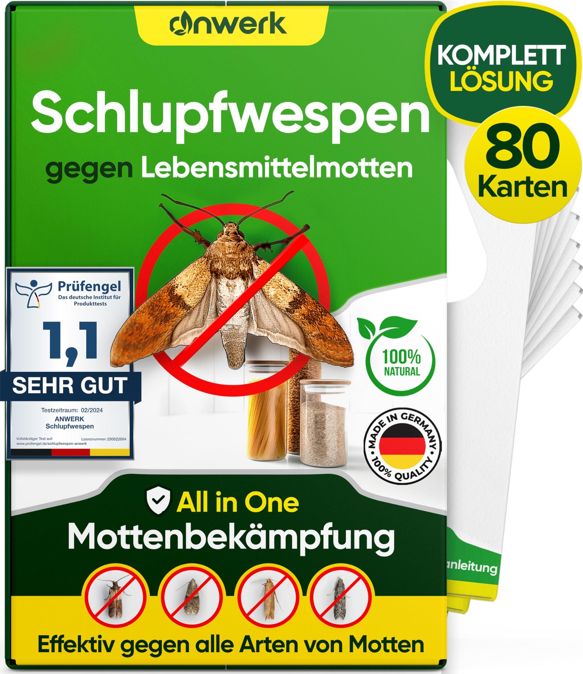 anwerk® Schlupfwespen gegen Lebensmittelmotten – 80 Karten. Kleine Kärtchen zur Mottenbekämpfung in Vorräten.