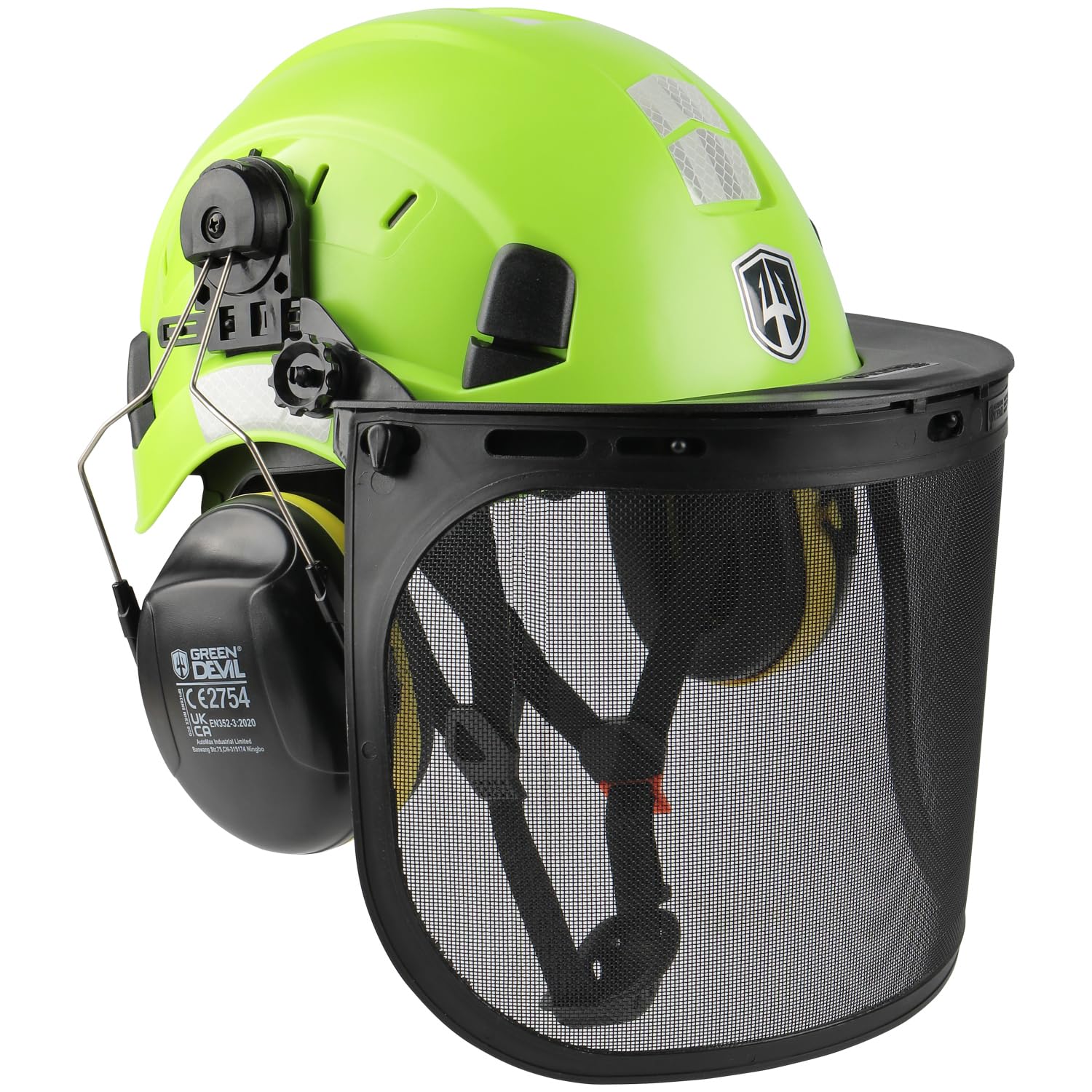 GREEN DEVIL Kettensägen-Schutzhelm 3-in-1 Helmset EN397 & EN 352-3: Grüner Schutzhelm mit Gehörschutz und Visier zum Schutz bei Forstarbeiten.