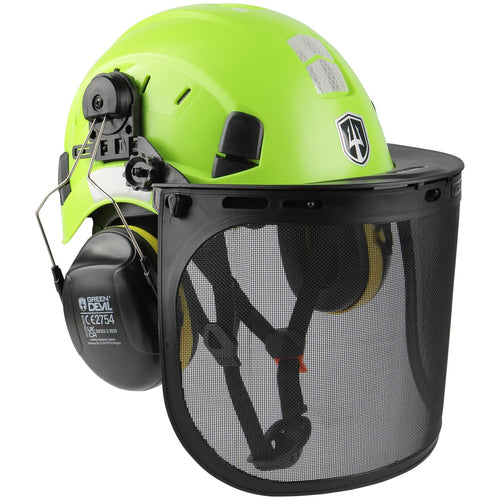 GREEN DEVIL Kettensägen-Schutzhelm 3-in-1 Helmset EN397 & EN 352-3: Grüner Schutzhelm mit Gehörschutz und Visier zum Schutz bei Forstarbeiten.