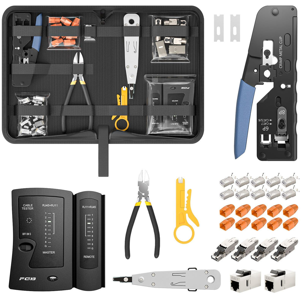 FGB Netzwerk Werkzeug Set mit RJ45 Crimpzange und Kabeltester, Stecker mit Knickschutz in Orange, Werkzeugtasche