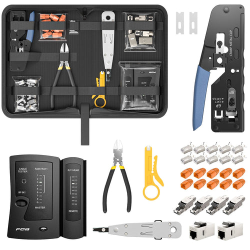 FGB Netzwerk Werkzeug Set mit RJ45 Crimpzange und Kabeltester, Stecker mit Knickschutz in Orange, Werkzeugtasche