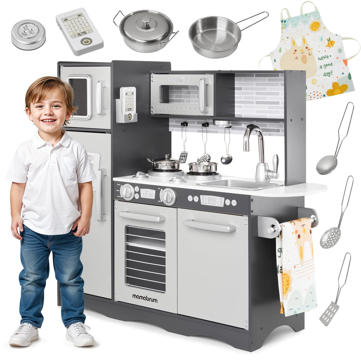 Mamabrum Kinderküche aus Holz mit LED, Spielküche Naturholz/Grau mit Kochfeld, Backofen und Zubehör