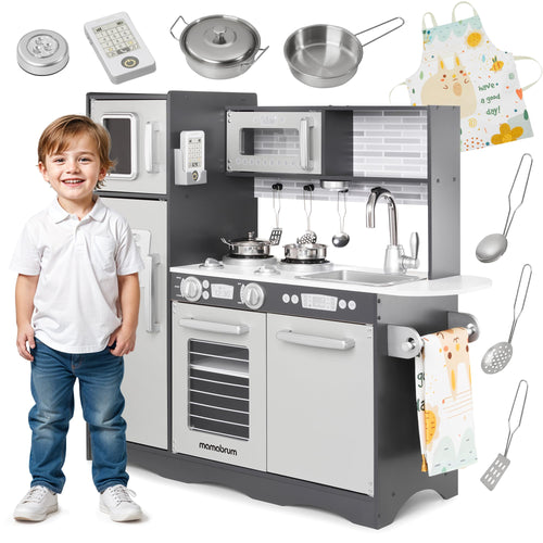 Mamabrum Kinderküche aus Holz mit LED, Spielküche Naturholz/Grau mit Kochfeld, Backofen und Zubehör