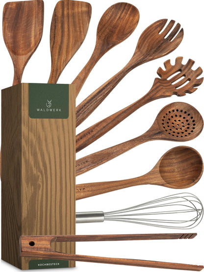 WALDWERK Küchenhelfer Set aus Teakholz, 9-teilig, mit Grillzange, Kochutensilien aus Holz zum Kochen