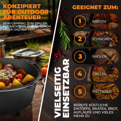 BBQ BEN Dutch Oven Set 9 Liter - eingebrannter Gusseisen Feuertopf