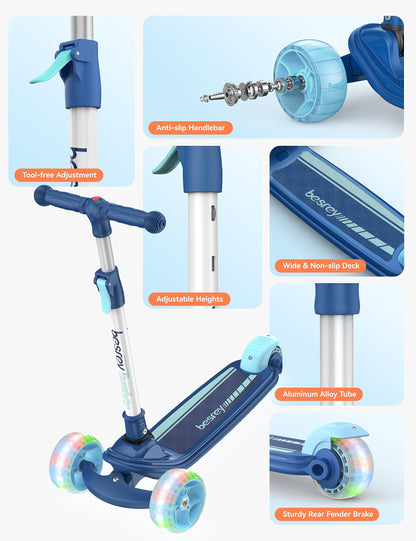 besrey Dreiradscooter Kinder - Faltbar, LED Räder, Meerblau