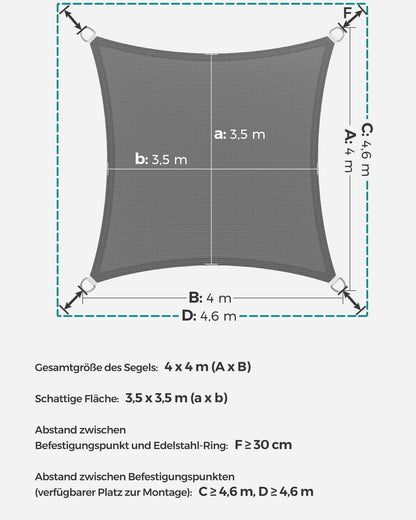 SONGMICS Sonnensegel 4 x 4 m, HDPE-Gewebe, luftdurchlässig, rauchgrau