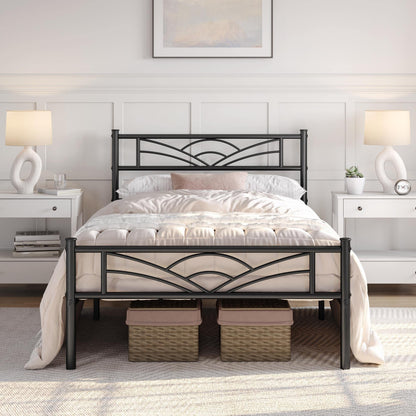 Yaheetech Metallbett 90 x 200 cm, Bettrahmen mit Lattenrost, schwarz, Kopf- und Fussteil mit Wellenlinien