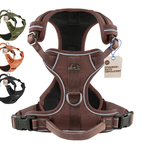 FREUDENTIER Hundegeschirr Clyde Chocolate Edition mit Griff, Braun, M – Mesh-Gewebe und reflektierende Elemente